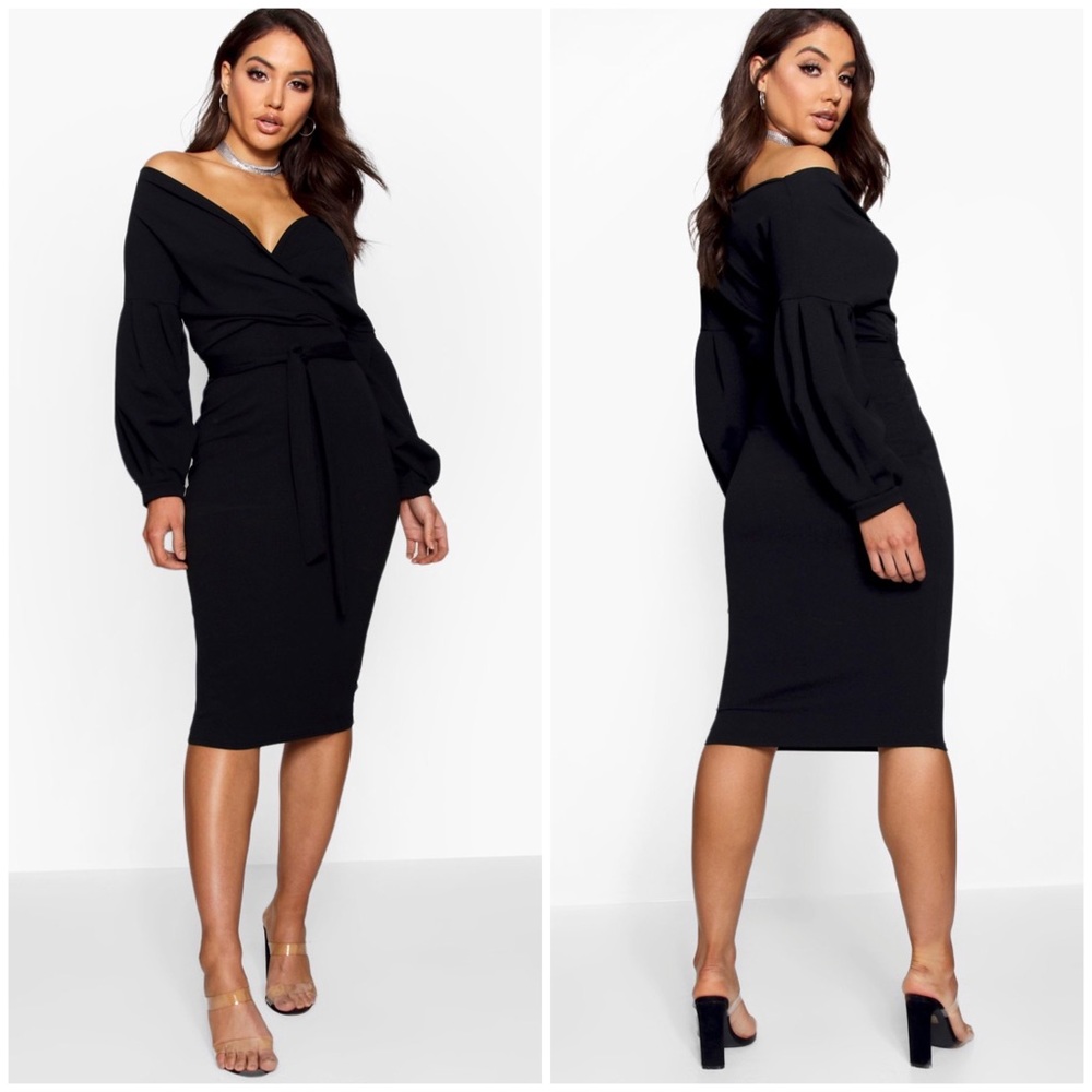 Off-Shoulder Stretchy Midi Dress with Waist Tie - Black